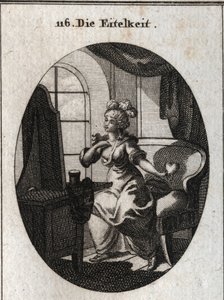 Allegorie der Eitelkeit. Sie möchte gefallen und beachtet werden, daher wird sie vor ihrem Toilettentisch dargestellt, wie sie sich vor dem Spiegel schmeichelt und ein Herz in der Hand hält. Gravur in „Iconologie oder Ideen aus dem Gebiete der Leidenschaft