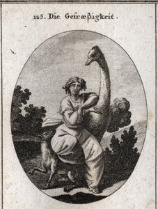 Allegorie der Gefräßigkeit. Der Strauß ist das Attribut der Gier, wir fügen einen mageren und hungrigen Wolf für eine größere Gefräßigkeit hinzu. Gravur in „Iconologie oder Ideen aus dem Gebiete der Leidenschaften und Allegorien bildlich dargestellt für Ze von Austrian School