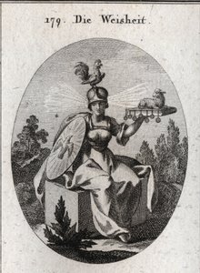 Allegorie der Weisheit. Seine Kleidung und seine weißen Waffen definieren seine Stärke und Reinheit. Der Hahn auf seinem Helm ist das Symbol seiner Intelligenz und Wachsamkeit. Die Lichtstrahlen, die aus seinen Schläfen kommen, bedeuten Würde und Heiligkei von Austrian School