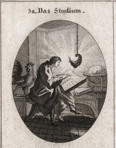 Allegorie des Schreibens an einem von Licht erleuchteten Schreibtisch. Der Hahn ist das Attribut der Wachsamkeit. Gravur in „Iconologie oder Ideen aus dem Gebiete der Leidenschaften und Allegorien bildlich dargestellt für Zeichner, Maler, Dichter, Gelehrte