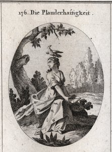 Babel-Allegorie. Ihr Gewand ist mit Zikaden und Zungen gefüllt. Ihr Attribut ist die Krähe.