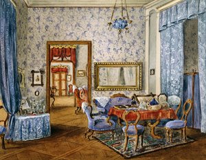 Biedermeier-Schlafzimmer, um 1830, Aquarell, Österreich