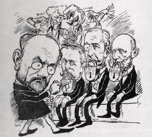 Emile Zola versucht, die Schlösser zu öffnen, die die Münder von Präsidenten Jean Casimir-Perier (1847-1907) und Felix Faure (1841-1899) sowie des Präsidenten des Rates Jules Meline (1838-1925) verschließen, während im Hintergrund Henri Rochefort (1831-191 von Austrian School