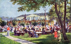 Postkarte, die die Terrasse des Meierei-Tivoli-Cafés im Schönbrunner Viertel, Wien, zeigt