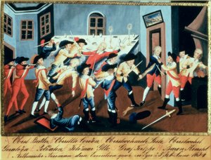 Die Verhaftung von Albrecht von Wallenstein in Eger durch eine Truppe irischer und schottischer Offiziere unter dem Kommando von General Butler von Austrian School
