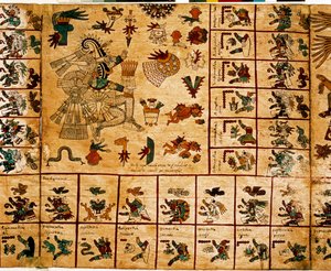 Darstellung aztekischer Gottheiten und Kalenderkästchen. Seite des aztekischen Manuskripts auf Rindenpapier „Codex Borbonicus“, präkolumbianischer indigener Kodex aus Zentralmexiko, Ende des 15. Jahrhunderts. Bibliothek der Nationalversammlung (Palais Bour von Aztec