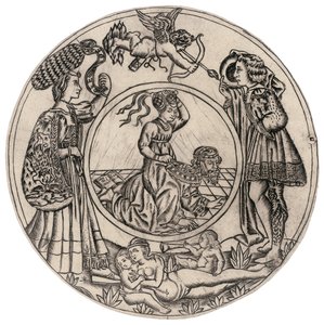 Aristoteles und Phyllis, umgeben von einem jungen Mann und einer Frau mit Eros, und eine liegende nackte Frau mit zwei Kindern, zweite Hälfte des 15. Jahrhunderts von Baccio Baldini