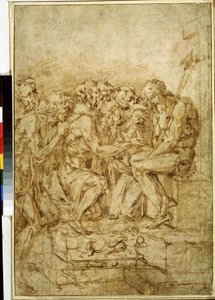 Christus mit den Symbolen der Passion, umgeben von sieben Figuren, Zeichnung von Baccio Bandinelli (1493-1560) 16. Jahrhundert, Puschkin-Museum, Moskau