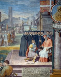 Bernard de Coucy, Rektor des Patrimoniums, übergibt der Stadt Viterbo das Banner der Kirche, Fresko von Baldassarre Croce