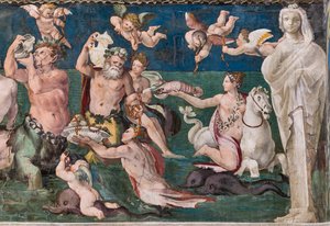 Triumph der Venus, Meereslandschaft mit Delfinen und Cupidos