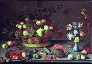 Ein Korb mit Trauben und anderem Obst von Balthasar van der Ast