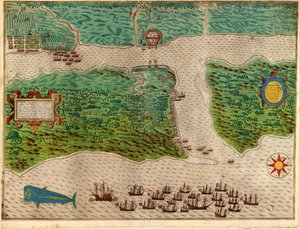 Augustine von Drakes Westindienreise 1585 - 86, veröffentlicht 1589 (handkolorierter Stich)