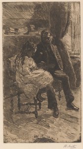Innenraum mit einem Mann und einem Mädchen, die zusammen ein Buch lesen