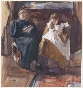 Lesende Dame und stickendes Mädchen, von vorne gesehen, im Haus an der Riouwstraat 6, Den Haag von Barbara Elisabeth van Houten