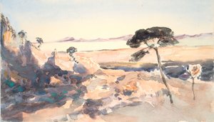 Landschaft: Baum mit rosa Bergen