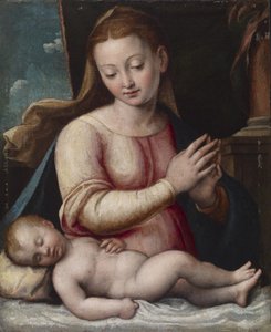 Madonna, die das Kind anbetet, ca. 1580-1600 (Öl auf Leinwand auf Holzplatte montiert)