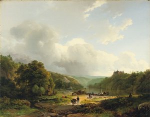 Entladen des Lastkahns in einer welligen Landschaft, 1831