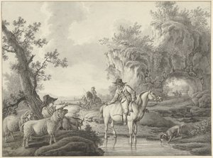 Landschaft mit einem Schäfer und einem Reiter bei einem Teich