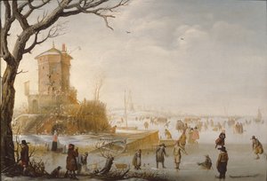 Eine Winterszene mit Figuren auf dem Eis