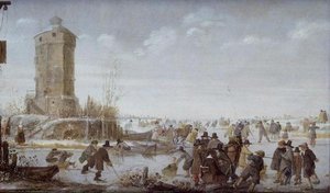 Schlittschuhläufer und elegante Figuren mit Pferdeschlitten auf einem zugefrorenen Fluss bei einem Turm