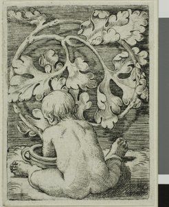Nacktes Kind, von hinten gesehen, sitzt vor einem Gefäß von Barthel Beham