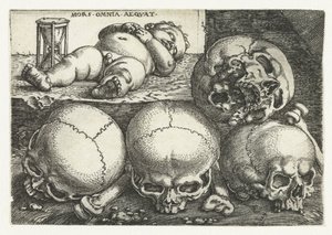 Schlafendes Kind mit Sanduhr und vier Schädeln Mors Omnia Aeqvat