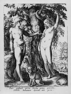Adam und Eva, graviert von Hendrik Goltzius, 1585 von Bartholomaeus Spranger