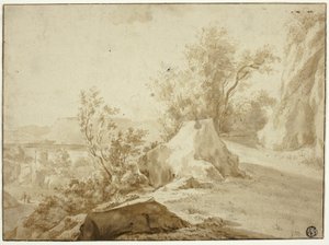 Felsen und Bergpfad, Figuren und Stadt darunter von Bartholomeus Breenbergh