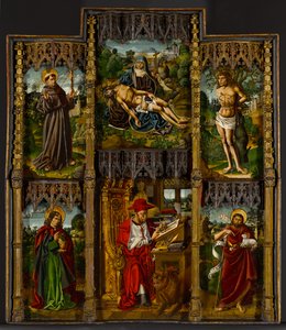 Tragbarer Altar: Pietà, Heilige Franziskus, Sebastian, Johannes der Evangelist, Hieronymus und Johannes der Täufer, ca. 1500