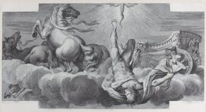 Tafel 34: Auriga, der Wagenlenker, fällt in der Mitte vom Wagen, mit drei Pferden..., 1756. Schöpfer: Bartolomeo Crivellari, Gabriel Söderling