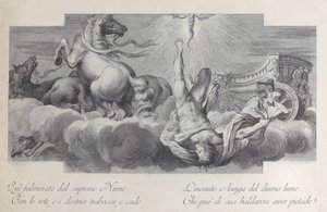 Tafel 34: Auriga, der Wagenlenker, fällt in der Mitte vom Wagen, mit drei Pferden, 1756