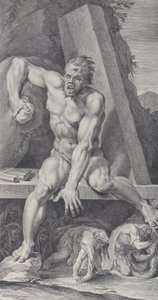 Tafel 7: der geblendete Polyphem, der den Eingang seiner Höhle bewacht, mit Odysseus und seinen Gefährten