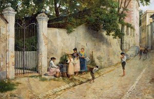 Am Brunnen, von Bartolomeo Giuliano (1825-1909), Öl auf Leinwand, 64,5x100 cm von Bartolomeo Giuliano