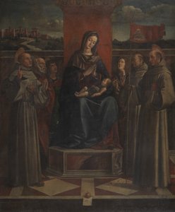 Jungfrau und Kind auf dem Thron mit sechs Heiligen, ca. 1500 von Bartolomeo Montagna