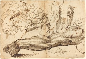 Studien eines linken Arms, einer jungen Frau, einer Madonna mit Kind, eines Profils und nackter Figuren