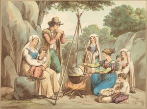 Eine Bauernfamilie beim Kochen über einem Lagerfeuer von Bartolomeo Pinelli