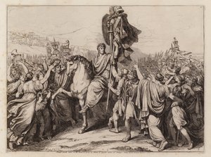Romulus trägt die Rüstung von König Acron triumphierend nach Rom (Radierung)