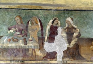 Allegorische Szene, Detail aus dem Zyklus, der den Zug der Laster und Tugenden darstellt, ca. 1490, von Bartolomeo Serra und Sebastiano Serra, Fresko, St. Stephanskapelle, Giaglione, Piemont, Italien