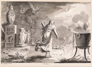 Medea. Eine Frau von hinten, zwischen Reptilien, Halbwesen, einem Hexenkessel und ägyptischen Götterstatuen, schreibt nachts Zauberrunen in einem Kreis auf den Boden. von Bartolomeo d
