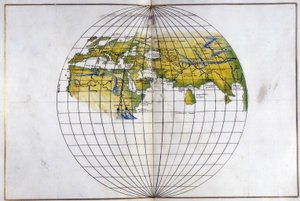 Eger. 2854. f.14v-15 Hemisphärenkarte der alten Welt, von Europa und Afrika bis Indien; zeigt die Einteilungen von Ptolemäus, ca. 1540