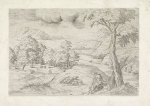 Panorama-Landschaft mit Ruinen, einer Stadt und Reisenden von Battista Angolo del Moro
