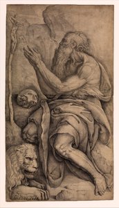Der heilige Hieronymus kniet vor einem Kruzifix, mit einem Schädel und einem Löwen von Battista Franco