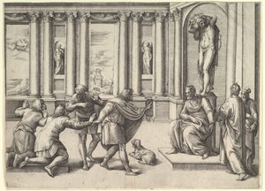 Mann sitzt unter einer Statue des Bacchus und empfängt eine Audienz von Battista Franco Veneziano