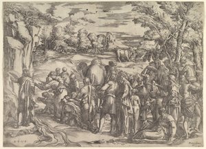 Moses schlägt Wasser aus dem Felsen, links mit fließendem Wasser, verschiedene Figuren, ca. 1552-61 von Battista Franco Veneziano