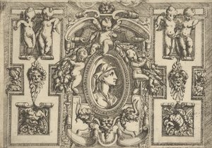 Büste einer Frau im Profil nach rechts, in einem aufwendigen Rahmen mit Putti, ca. 1540-80 von Battista del Moro