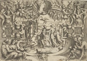 Vier Frauen umgeben eine sitzende Figur, ein Vogel über ihnen, in einem aufwendigen..., ca. 1540-80 von Battista del Moro