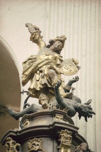 Kanzel, auch Kanzel der Wahrheit genannt, Detail: St. Michael und der Drache, 1749 (vergoldet, Holz und Intarsien)