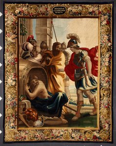 Diogenes und Alexander: Begegnung zwischen dem griechischen Philosophen Diogenes von Sinope (413-327 v. Chr.) in seinem Fass und König Alexander dem Großen (356-323 v. Chr.) in Korinth. Als der Eroberer ihn fragte, was er wolle, antwortete Diogenes: "Geh m von Belgian School