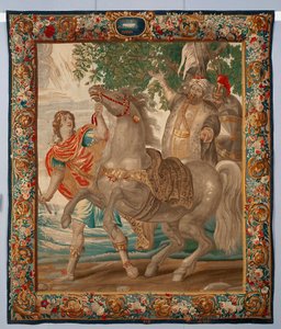 Alexander der Große zähmt das Pferd Bucephalos. Wandteppich aus den Manufakturen von Brüssel. 16. Jahrhundert Genua, Musei di Strada Nuova von Belgian School