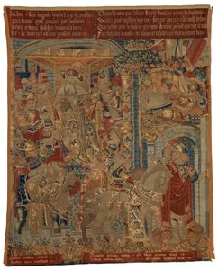 Wandteppich, Drei Szenen aus dem Trojanischen Krieg oder Odysseus und Diomedes als Botschafter am Hofe von König Priamos, Forderung der Rückkehr von Helena, hergestellt in Tournai